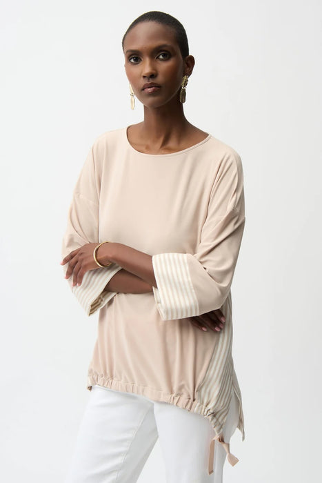 Joseph Ribkoff 261193 Beige/Off-White Stripe High Low Boat Neck 3/4 Sleeves Top