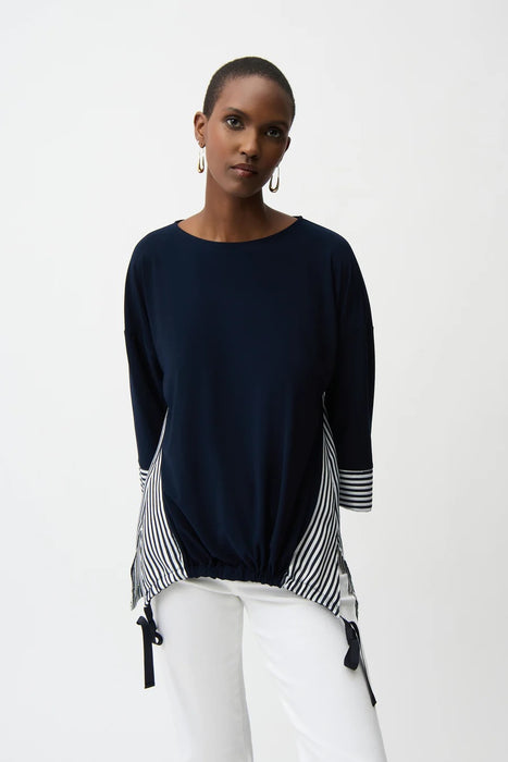 Joseph Ribkoff 261193 Navy/Off-White Stripe High Low Boat Neck 3/4 Sleeves Top