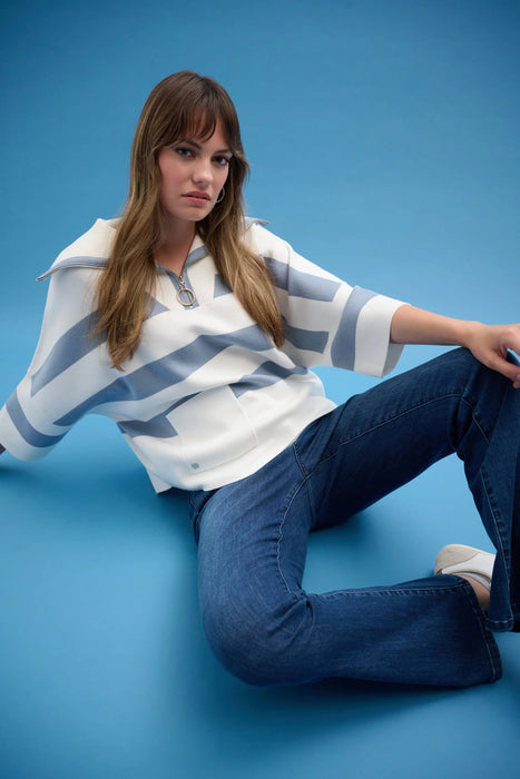 Joseph Ribkoff Striped Zip Collar Boxy Sweater Top 261983