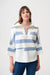 Woman wearing a striped sweater in white and blue with zip collar and 3/4 sleeves from Joseph Ribkoff