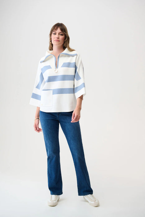 Joseph Ribkoff Striped Zip Collar Boxy Sweater Top 261983