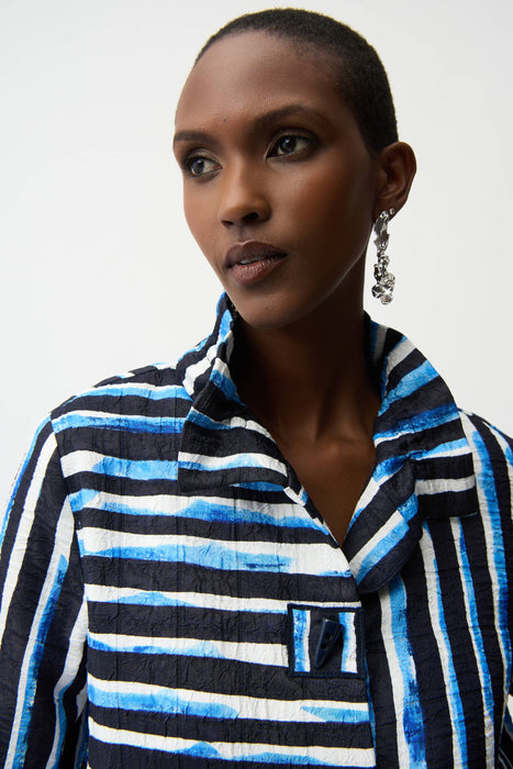 Joseph Ribkoff Blue/Vanilla Stripe Shirred Collar Trapeze Jacket 261267