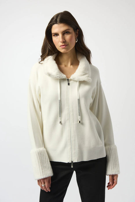 Joseph Ribkoff 253905 Winter White Sweater Knit Fur Trim Long Sleeve Jacket
