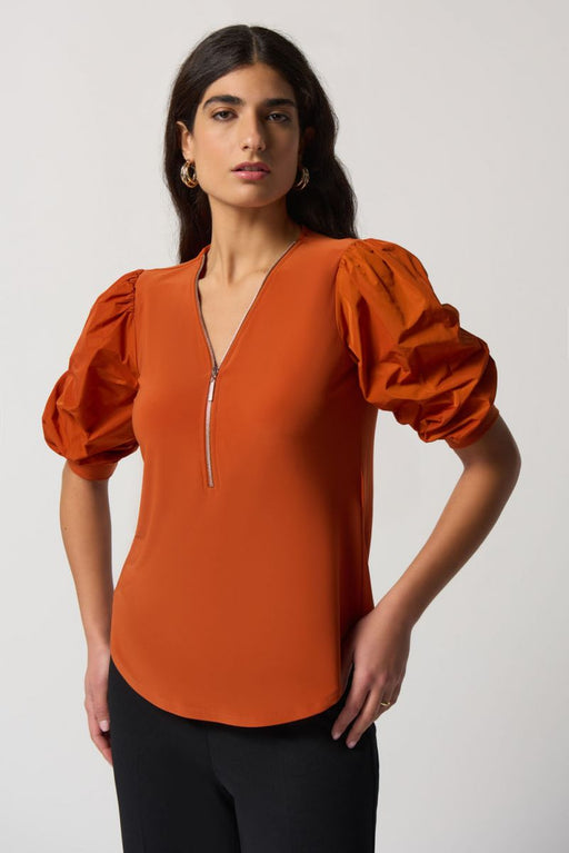 Joseph Ribkoff Style 233025 Tandoori Orange V-Neck Half Zip Puff Sleeve Top