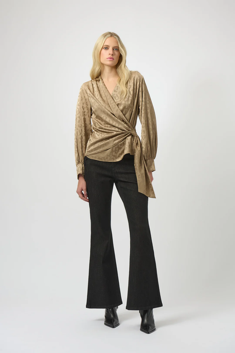 Joseph Ribkoff Taupe Animal Print Faux Wrap Long Puff Sleeves Top 254060