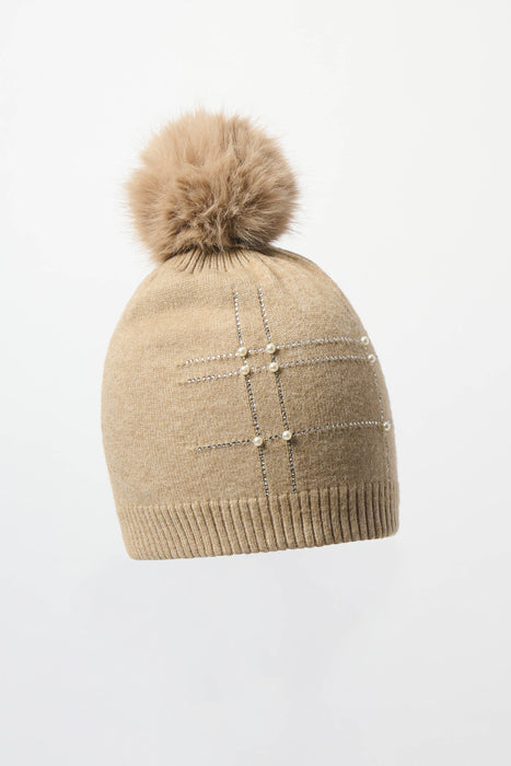 Joseph Ribkoff Taupe Melange Beaded Pom-Pom Beanie 253969