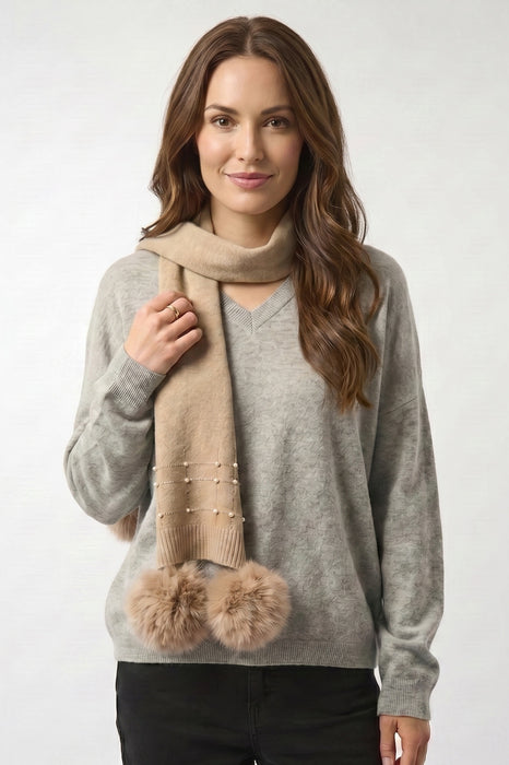 Joseph Ribkoff Taupe Melange Embellished Pom Pom Knit Scarf 253970