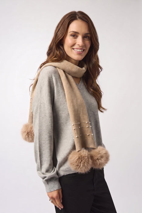 Joseph Ribkoff Taupe Melange Embellished Pom Pom Knit Scarf 253970