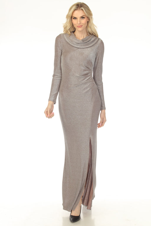 Woman wearing a shimmery long evening dress with cowl neck and side slit from Joseph Ribkoff