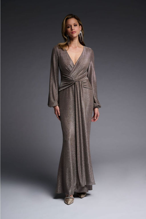 Joseph Ribkoff Style 223711 Taupe Shimmery Twist Front Long Sleeve Long Dress