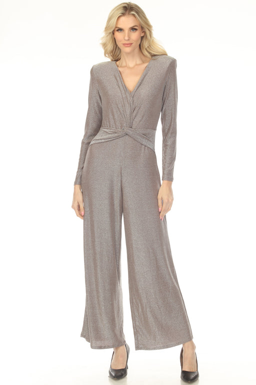 Woman wearing a shimmery wide leg jumpsuit with v-neck and twist front design from Joseph Ribkoff