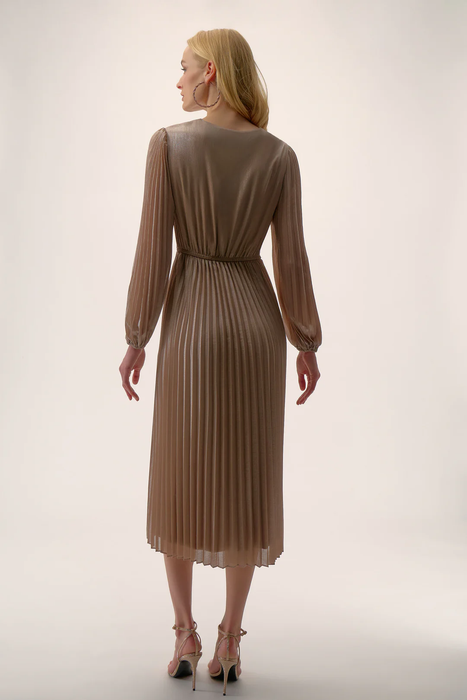 Joseph Ribkoff Taupe/Silver V-Neckline Waist Tie Long Puff Sleeve Fit and Flare Pleated Dress 254728