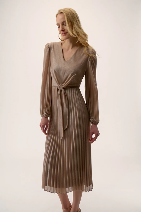 Joseph Ribkoff Taupe/Silver V-Neckline Waist Tie Long Puff Sleeve Fit and Flare Pleated Dress 254728