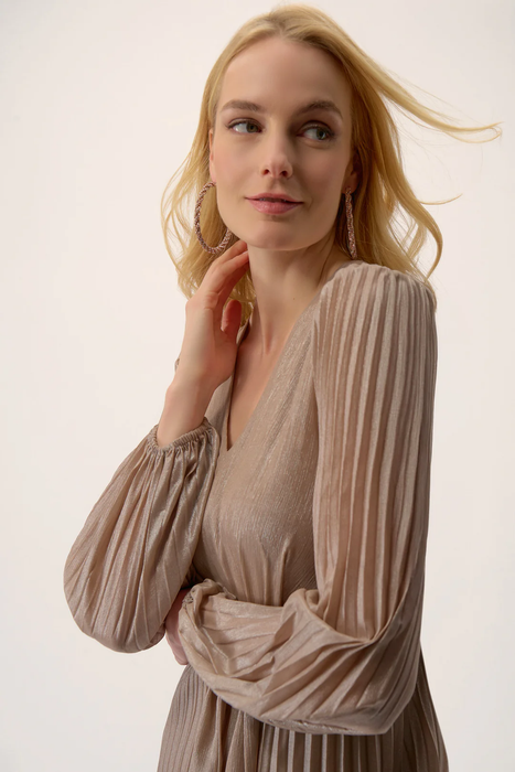 Joseph Ribkoff Taupe/Silver V-Neckline Waist Tie Long Puff Sleeve Fit and Flare Pleated Dress 254728