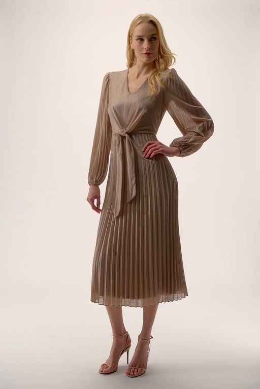 Joseph Ribkoff 254728 Taupe/Silver V-Neckline Waist Tie Long Puff Sleeve Fit and Flare Pleated Dress