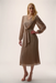 Joseph Ribkoff 254728 Taupe/Silver V-Neckline Waist Tie Long Puff Sleeve Fit and Flare Pleated Dress