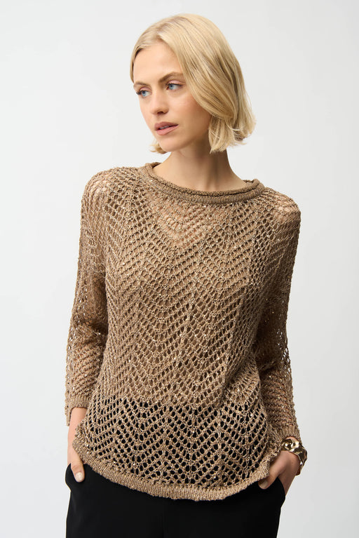 Woman wearing a brown open-knit sweater with sequins and long sleeves from Joseph Ribkoff