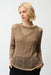 Woman wearing a brown open-knit sweater with sequins and long sleeves from Joseph Ribkoff