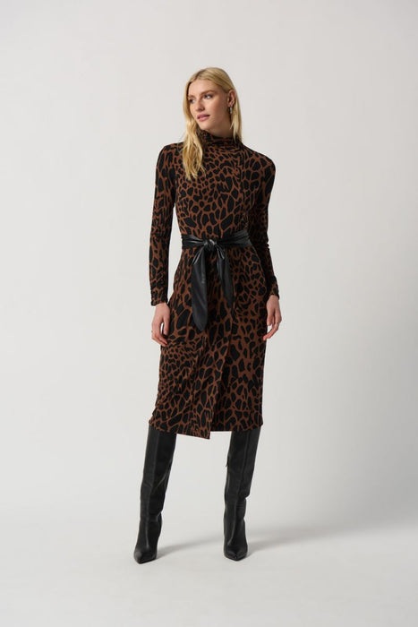 Joseph Ribkoff Style 234258 Toffee/Black Animal Print Faux Leather Belt Midi Dress