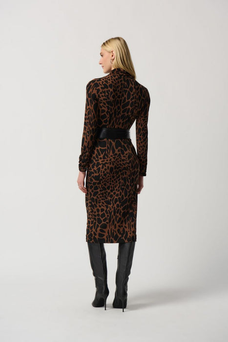Joseph Ribkoff Toffee/Black Animal Print Faux Leather Belt Midi Dress 234258 NEW