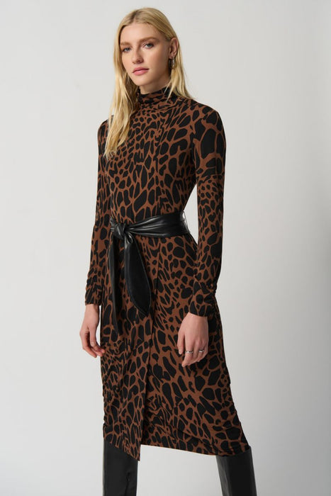 Joseph Ribkoff Toffee/Black Animal Print Faux Leather Belt Midi Dress 234258 NEW