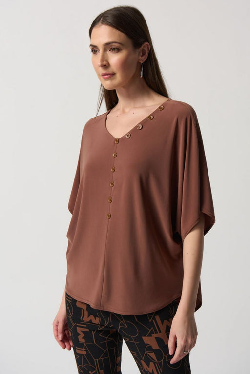 Joseph Ribkoff Style 233202 Toffee Button Details V-Neck Boxy Dolman Sleeve Top