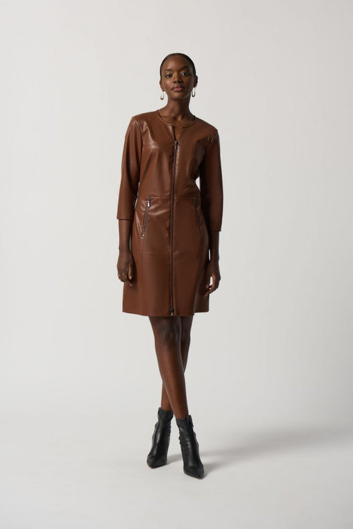 Joseph Ribkoff Style 233920 Toffee Faux Leather Zip-Up 3/4 Sleeve A-Line Dress