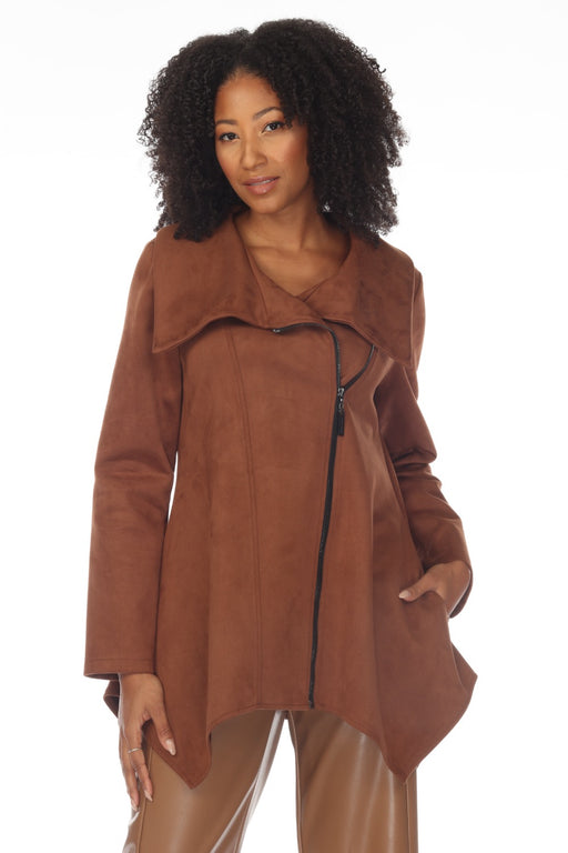 Joseph Ribkoff Style 233183 Toffee Faux Suede Zip-Up Asymmetric Jacket