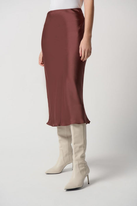 Joseph Ribkoff Style 234109 Toffee Satin Chiffon Lined Pull On Midi Skirt