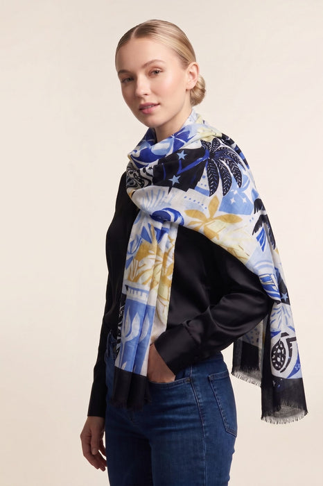 Joseph Ribkoff Vanilla/Multi Tropical Print Fringe Scarf 262969