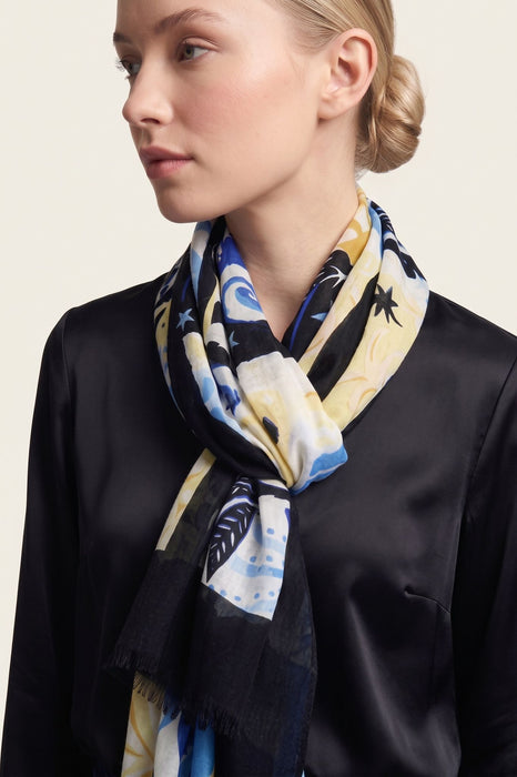 Joseph Ribkoff Vanilla/Multi Tropical Print Fringe Scarf 262969