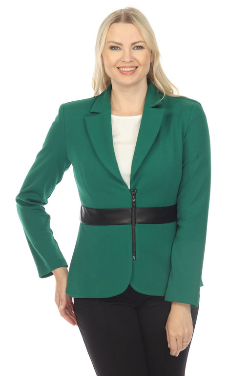 Joseph Ribkoff Style 234145 True Emerald/Black Faux Leather Detail Zip-Up Blazer Jacket