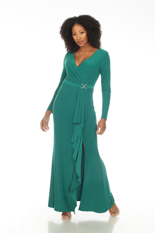 Joseph Ribkoff Style 233788 True Emerald Green Faux Wrap Frilled Long Dress