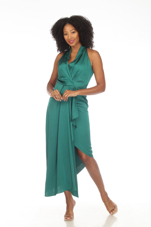 Joseph Ribkoff Style 234718 True Emerald Green Halter Satin Asymmetric Cocktail Dress