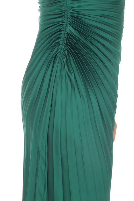 Joseph Ribkoff True Emerald Green One-Shoulder Pleated Satin Asymmetric Midi Dress 234721