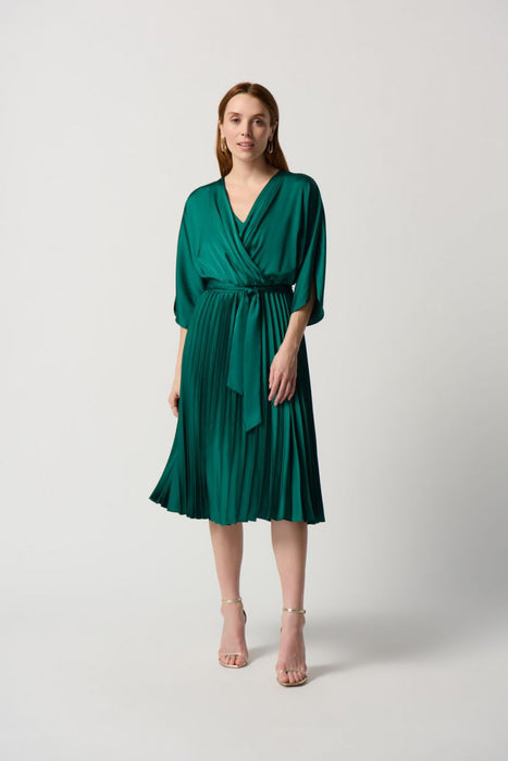 Joseph Ribkoff Style 234265 True Emerald Green Pleated Satin Belted Fit & Flare Dress
