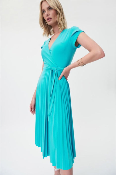 Joseph Ribkoff Turquoise Tulip Sleeve Pleated Midi Faux Wrap Dress 232039