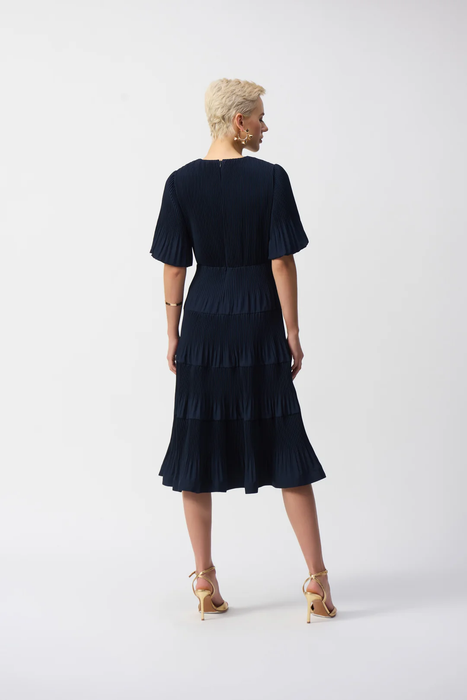 Joseph Ribkoff Midnight Blue V-Neck Pleated Faux Wrap Midi Dress 251905
