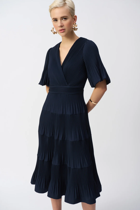Joseph Ribkoff Midnight Blue V-Neck Pleated Faux Wrap Midi Dress 251905
