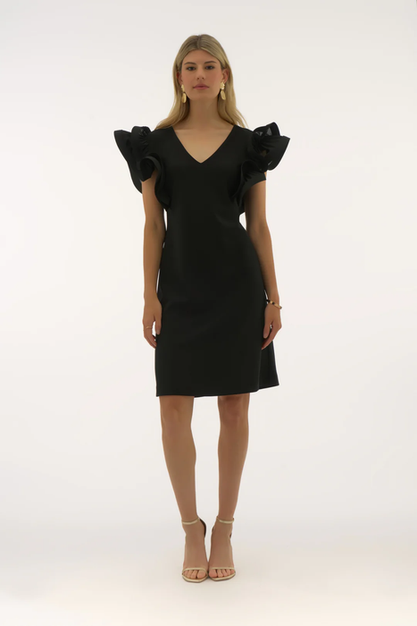 Joseph Ribkoff 251733 Black V-Neck Ruffled Short Sleeve Sheath Dress