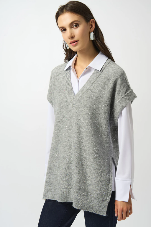 Joseph Ribkoff 253957 Grey V-Neck Sequined  Sleeveless Tunic Top
