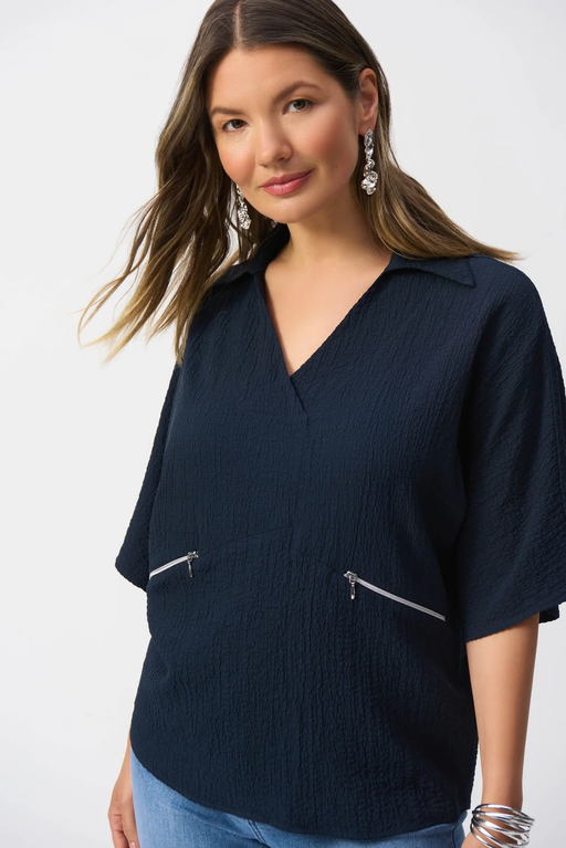Joseph Ribkoff 251165 Midnight Blue V-Neck Shirt Collar 3/4 Sleeves Hi-Low Top