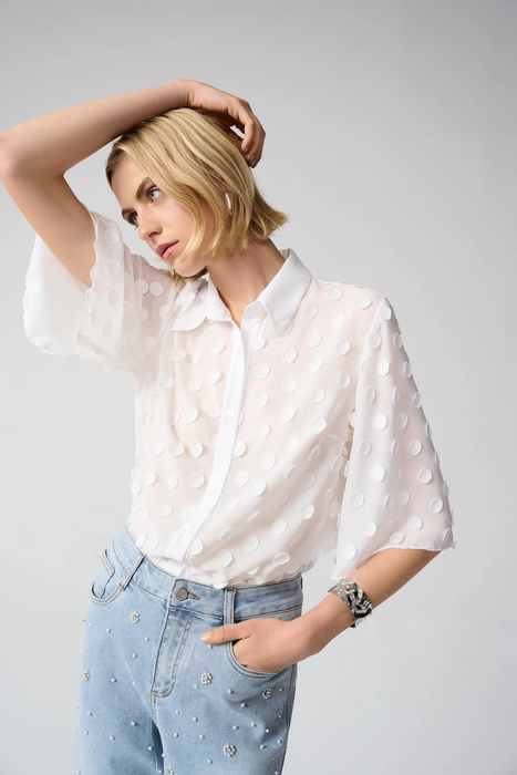 Joseph Ribkoff 261098 Vanilla 3D Dot Collared Front Button 3/4 Sleeves Top