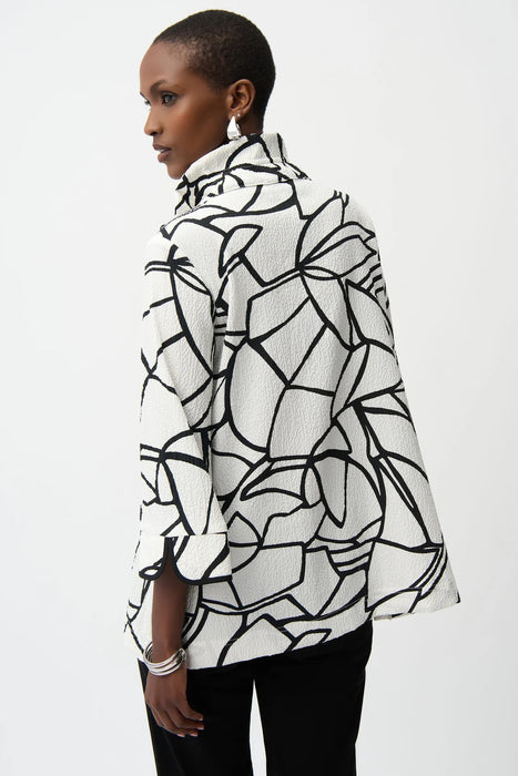 Joseph Ribkoff Vanilla/Black Abstract Print Collared 3/4 Bell Sleeves Trapeze Jacket 261239