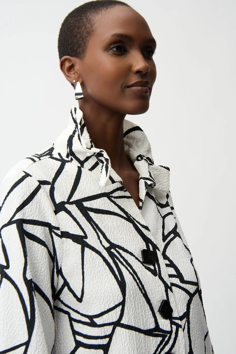 Joseph Ribkoff Vanilla/Black Abstract Print Collared 3/4 Bell Sleeves Trapeze Jacket 261239