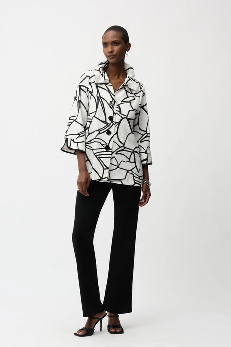 Joseph Ribkoff Vanilla/Black Abstract Print Collared 3/4 Bell Sleeves Trapeze Jacket 261239