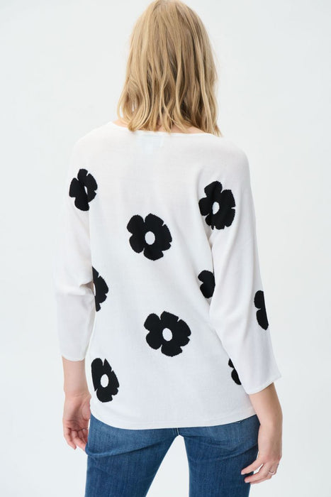 Joseph Ribkoff Vanilla/Black Floral 3/4 Sleeve Knit Sweater Top 231946 NEW
