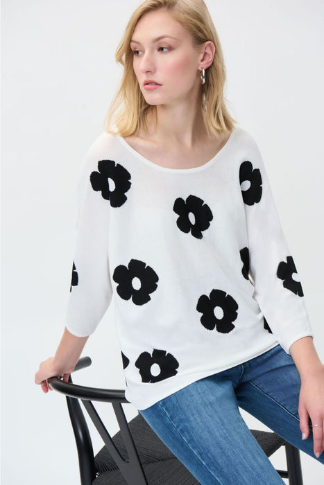 Joseph Ribkoff Vanilla/Black Floral 3/4 Sleeve Knit Sweater Top 231946 NEW
