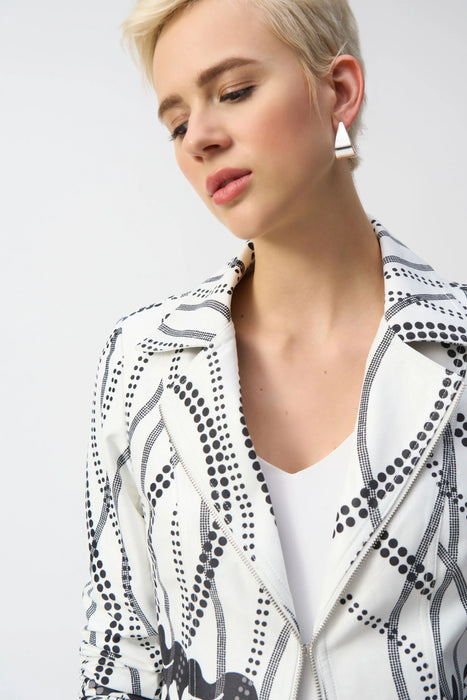 Joseph Ribkoff Vanilla/Black Floral Polka Dot Faux Suede Jacket Joseph Ribkoff Vanilla/Black Floral Polka Dot Faux Suede Jacket