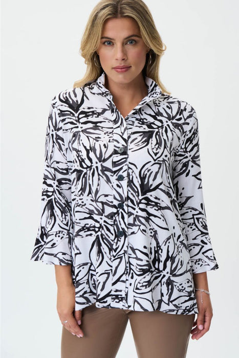 Joseph Ribkoff Style 231297 Vanilla/Black Floral Print 3/4 Sleeve Button-Down Top